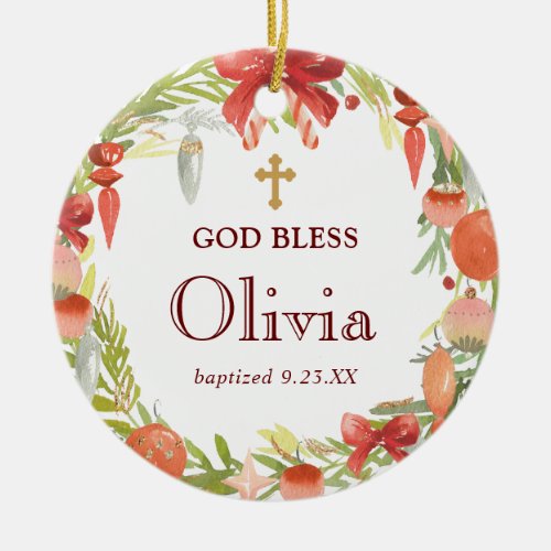 Personalized Floral Wreath Baptism Gift God Bless Ceramic Ornament