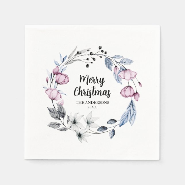 Personalized Floral Wreath Christmas Napkins (Front)