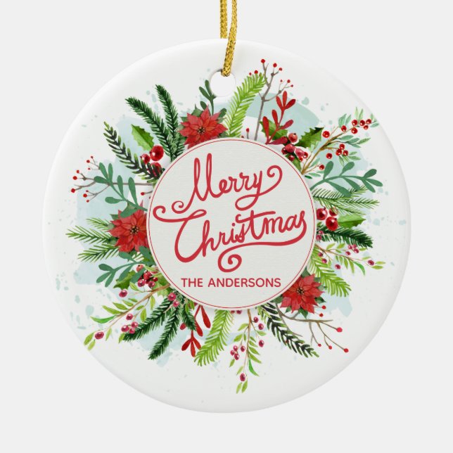 Personalized Floral Wreath Christmas Ornament (Front)