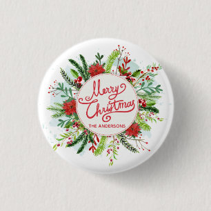 Personalized Floral Wreath Christmas Pin Button