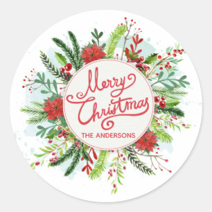 Personalized Floral Wreath Christmas Sticker
