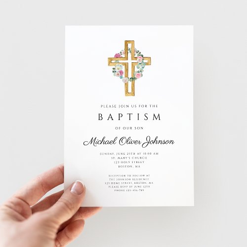 Personalized Floral Wreath Cross Baptism  Invitation