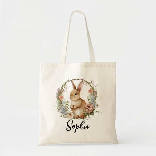 Personalized Floral Wreath Easter Bunny Egg Hunt Tote Bag