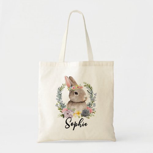 Personalized Floral Wreath Easter Bunny Egg Hunt Tote Bag