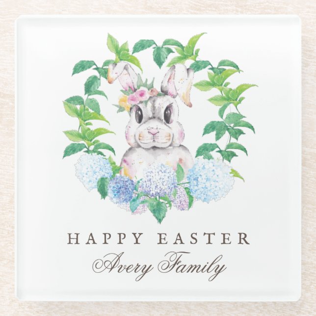Personalized Floral Wreath Easter Glass Coaster (Front)
