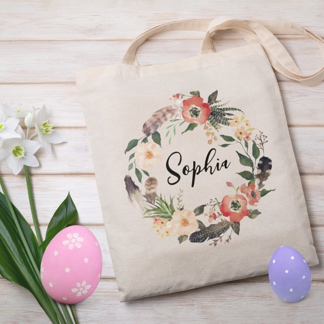 Personalized Floral Wreath Easter Hunt Kids Tote Bag (Easter egg hunt tote bag for kids)