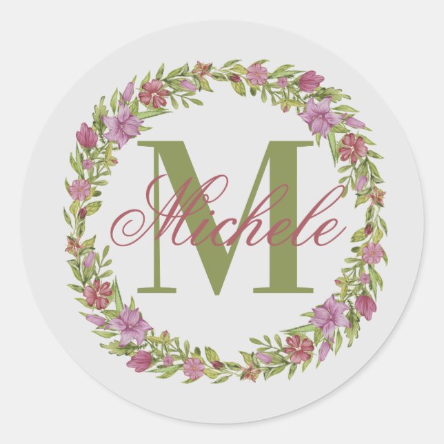 Personalized Floral Wreath Last Name Monogram Classic Round Sticker (Front)