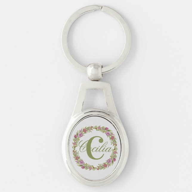 Personalized Floral Wreath Last Name Monogram Keychain (Front)