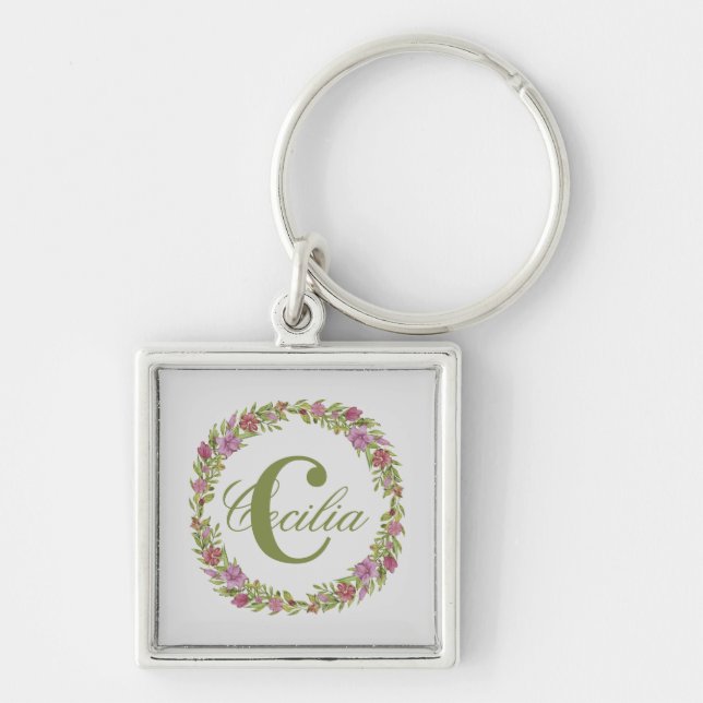 Personalized Floral Wreath Last Name Monogram Keychain (Front)