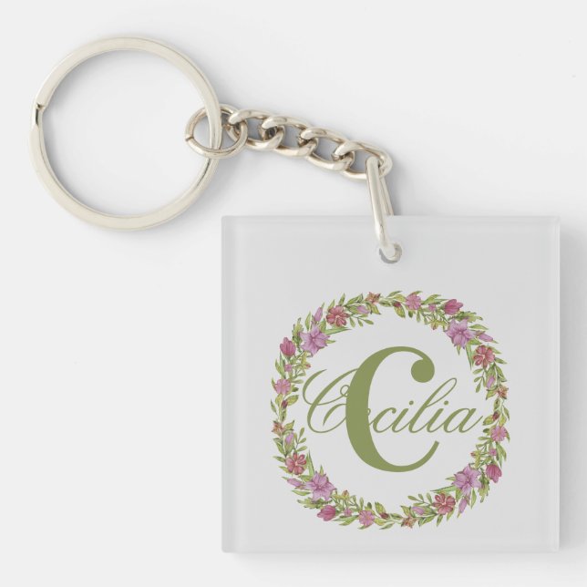 Personalized Floral Wreath Last Name Monogram Keychain (Front)