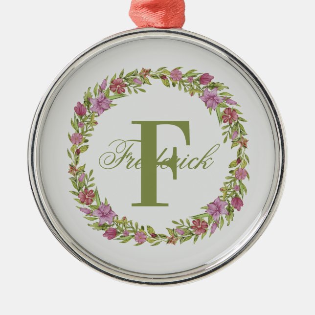 Personalized Floral Wreath Last Name Monogram Metal Ornament (Front)