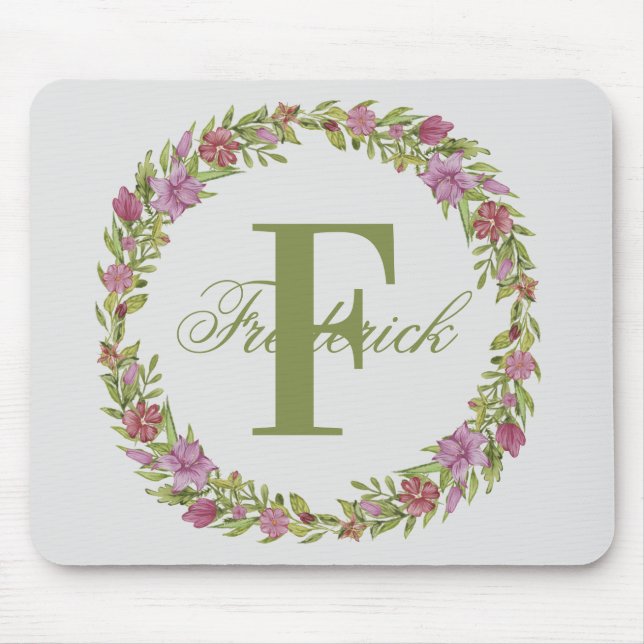 Personalized Floral Wreath Last Name Monogram Mouse Pad (Front)