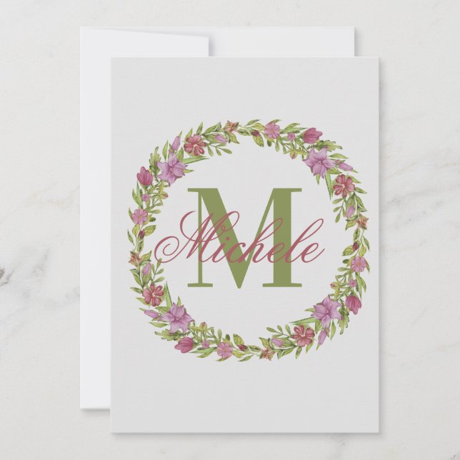 Personalized Floral Wreath Last Name Monogram Note Card (Front)
