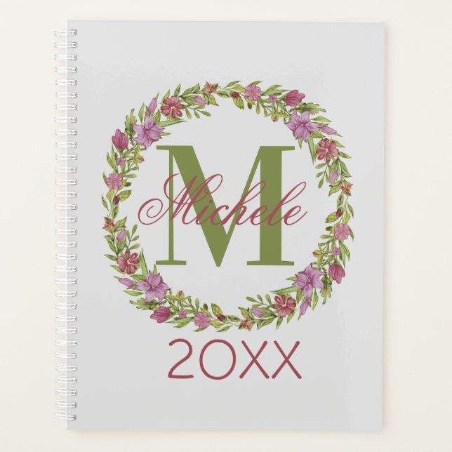 Personalized Floral Wreath Last Name Monogram Planner (Front)