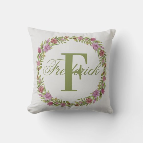 Personalized Floral Wreath Last Name Monogram Throw Pillow