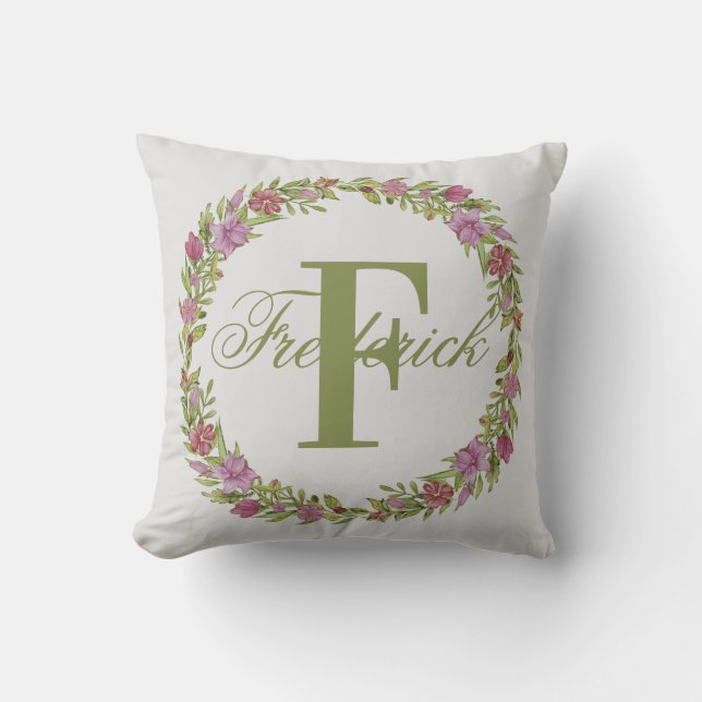 Personalized Floral Wreath Last Name Monogram Throw Pillow (Front)