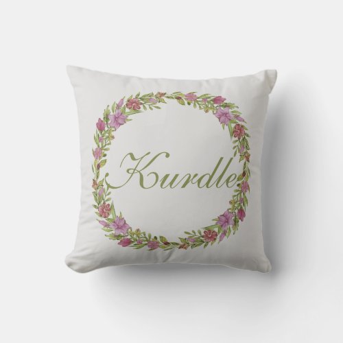 Personalized Floral Wreath Last Name Monogram Throw Pillow