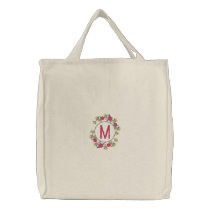 Personalized Floral Wreath Monogram Embroidered Tote Bag