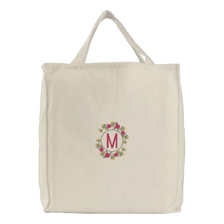 Personalized Floral Wreath Monogram Embroidered Tote Bag