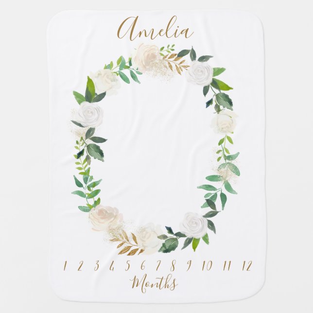 Personalized Floral Wreath Monthly Baby Blanket (Front)