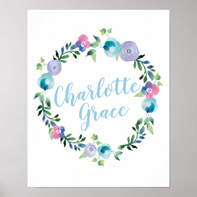 Personalized Floral wreath name poster print (Front)