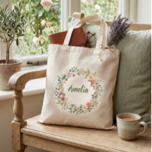 Personalized Floral Wreath Tote Bag | Custom Name