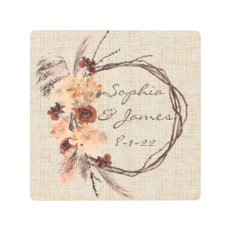 Personalized Floral Wreath- Warm Rustic Metal Print