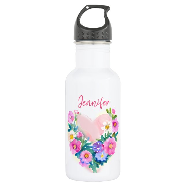 Personalized Floral Wreath Watercolor Pink Stainless Steel Water Bottle (Front)