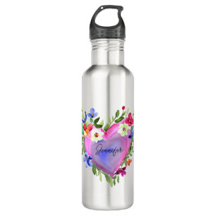Personalized Floral Wreath Watercolor Stainless Steel Water Bottle