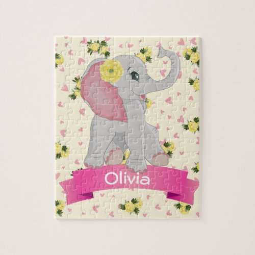 Personalized Floral Yellow Pink Baby Elephant  Jigsaw Puzzle