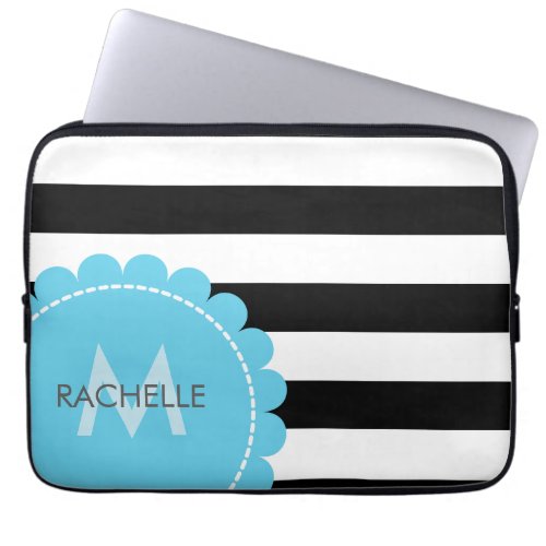 Personalized Flower blue black and white stripes Laptop Sleeve