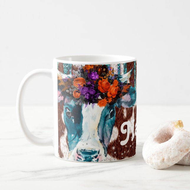 Personalized Flower Cows Design Coffee Mug Cup (With Donut)