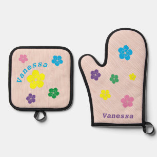 Personalized Flower Cutouts on Woodgrain Backdrop Oven Mitt & Pot Holder Set