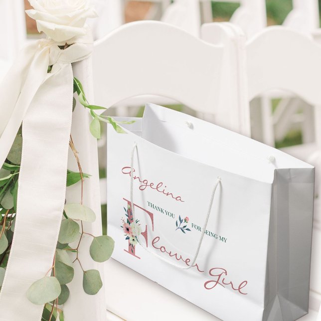 Personalized Flower Girl Elegant Floral Thank You Large Gift Bag (Flower Girl Gift Bag with personalized thank you)