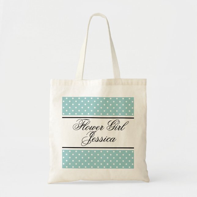 Personalized flower girl tote bag | Teal polka dot (Front)