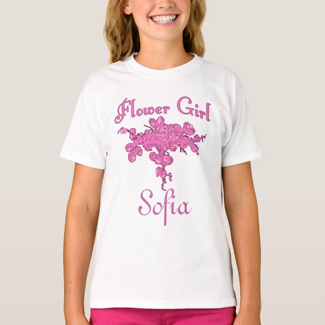 Personalized FLOWER GIRL with Big Pink Bouquet T-Shirt (Front)