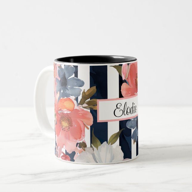 Personalized Flower Pattern Two-Tone Coffee Mug (Front Left)