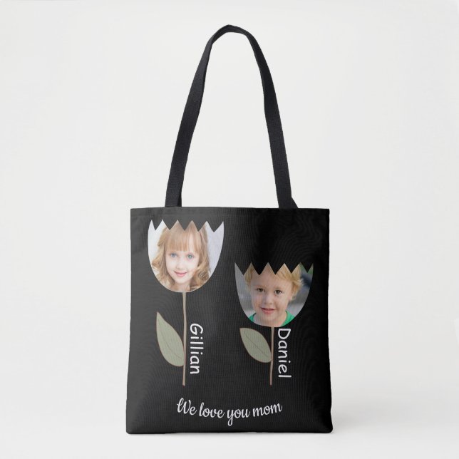 Personalized flower photos and names on black Tote Bag (Front)