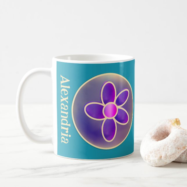 Personalized Flower Purple Teal Hot Pink Coffee Mug (With Donut)