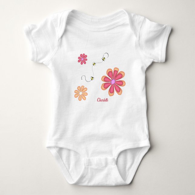 Personalized Flowers and Bees Baby Bodysuit (Front)