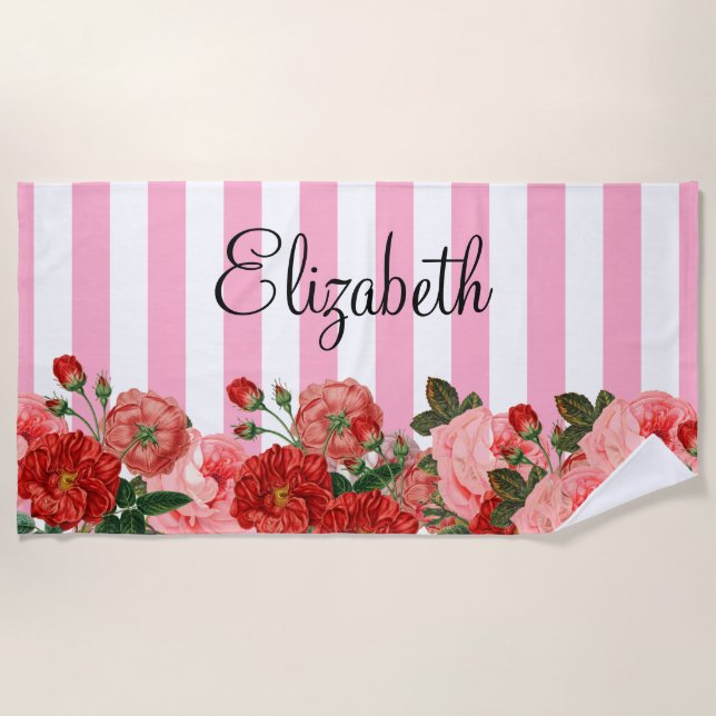 Personalized Flowers and Stripes Beach Towel (Front)