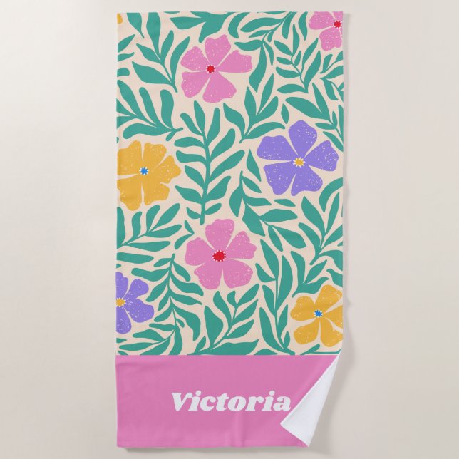 Personalized Flowers Beach Towel | 70s Boho Custom (Front)
