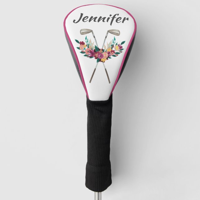 Personalized Flowers with Clubs Womens Driver Golf Head Cover (Front)