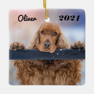 Personalized Fluffy Brown Cocker Spaniel Dog Ceramic Ornament
