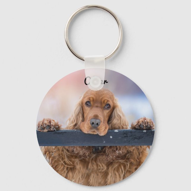 Personalized Fluffy Brown Cocker Spaniel Dog Keychain (Front)