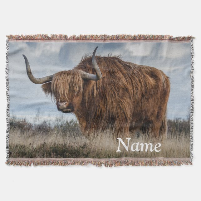 Personalized Fluffy Scottish Highland Cow Throw Blanket (Front)