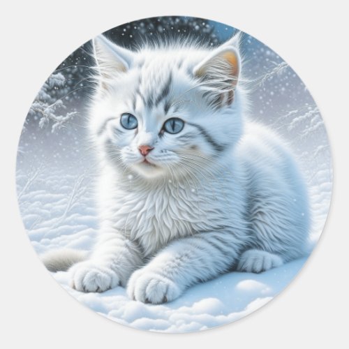 Personalized Fluffy White Kitten in Snow Classic Round Sticker