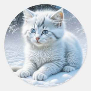 Personalized Fluffy White Kitten in Snow Classic Round Sticker