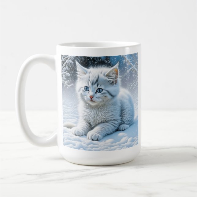 Personalized Fluffy White Kitten in Snow Coffee Mug (Left)