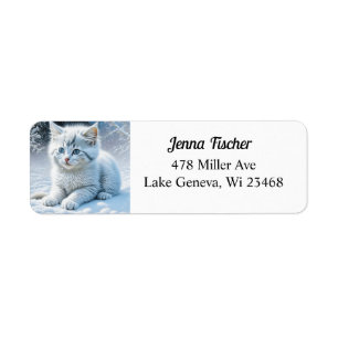 Personalized Fluffy White Kitten in Snow Label